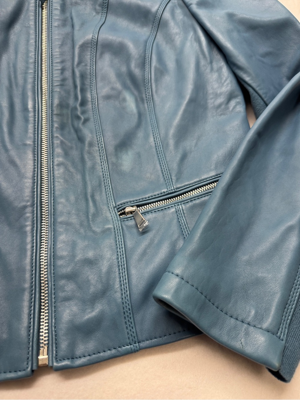 Neiman Marcus Exclusive Women's Blue Leather Zip-Front Jacket - Picture 5 of 14